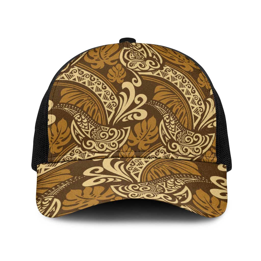 Brown Gold Monstera Baseball Net Cap Polynesian Tribal Pattern - Polynesian Pride