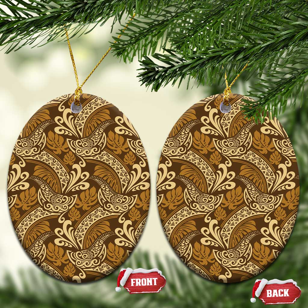 Brown Gold Monstera Ceramic Ornament Polynesian Tribal Pattern - Polynesian Pride