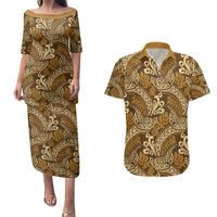 Brown Gold Monstera Couples Matching Puletasi and Hawaiian Shirt Polynesian Tribal Pattern - Polynesian Pride