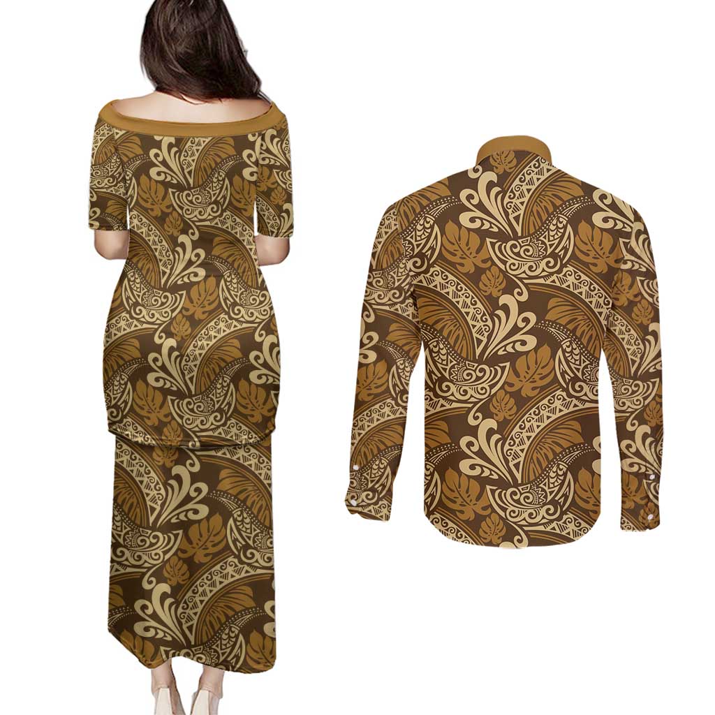 Brown Gold Monstera Couples Matching Puletasi and Long Sleeve Button Shirt Polynesian Tribal Pattern - Polynesian Pride