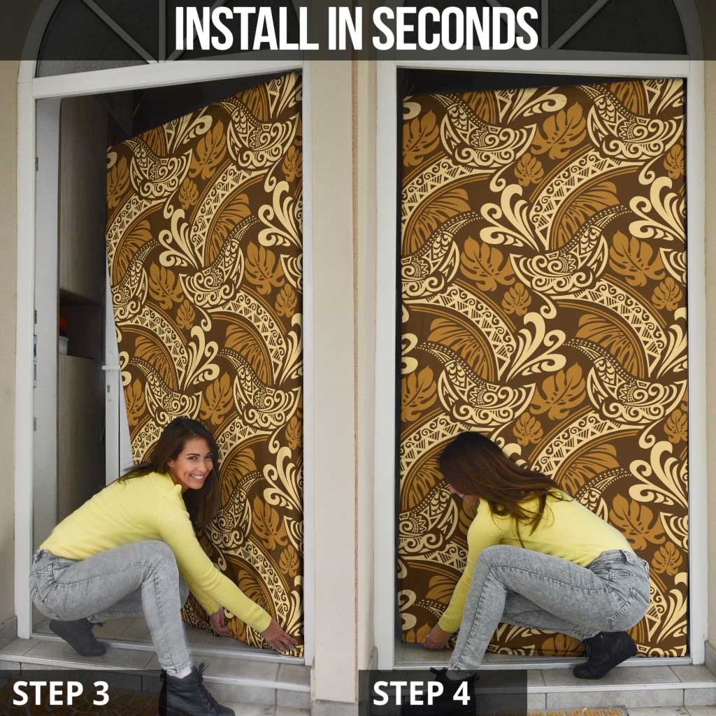 Brown Gold Monstera Door Cover Polynesian Tribal Pattern - Polynesian Pride