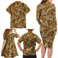 Brown Gold Monstera Family Matching Long Sleeve Bodycon Dress and Hawaiian Shirt Polynesian Tribal Pattern LT01 - Polynesian Pride