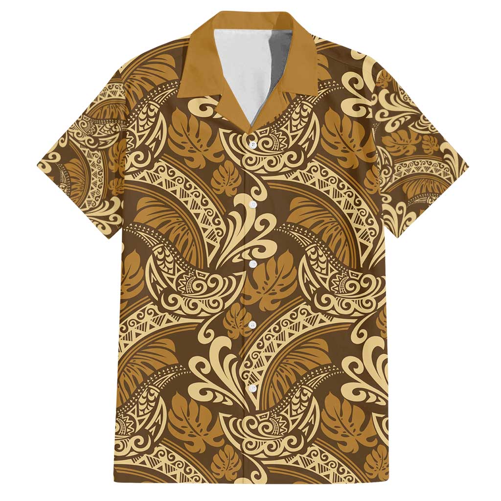 Brown Gold Monstera Family Matching Long Sleeve Bodycon Dress and Hawaiian Shirt Polynesian Tribal Pattern LT01 Dad's Shirt - Short Sleeve Gold - Polynesian Pride