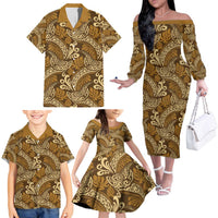 Brown Gold Monstera Family Matching Off The Shoulder Long Sleeve Dress and Hawaiian Shirt Polynesian Tribal Pattern LT01 - Polynesian Pride