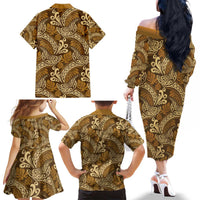 Brown Gold Monstera Family Matching Off The Shoulder Long Sleeve Dress and Hawaiian Shirt Polynesian Tribal Pattern LT01 - Polynesian Pride