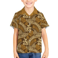 Brown Gold Monstera Family Matching Off The Shoulder Long Sleeve Dress and Hawaiian Shirt Polynesian Tribal Pattern LT01 Son's Shirt Gold - Polynesian Pride