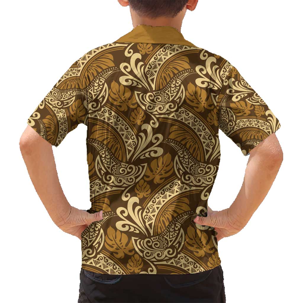 Brown Gold Monstera Family Matching Off Shoulder Short Dress and Hawaiian Shirt Polynesian Tribal Pattern - Polynesian Pride