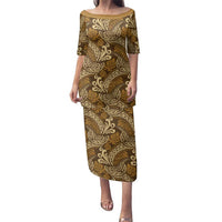 Brown Gold Monstera Family Matching Puletasi and Hawaiian Shirt Polynesian Tribal Pattern - Polynesian Pride