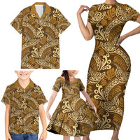 Brown Gold Monstera Family Matching Short Sleeve Bodycon Dress and Hawaiian Shirt Polynesian Tribal Pattern LT01 - Polynesian Pride
