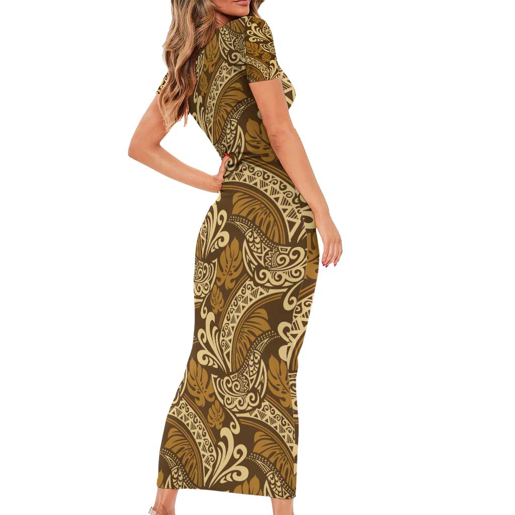 Brown Gold Monstera Family Matching Short Sleeve Bodycon Dress and Hawaiian Shirt Polynesian Tribal Pattern LT01 - Polynesian Pride