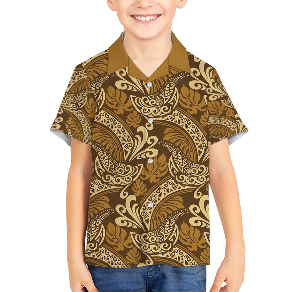 Brown Gold Monstera Family Matching Short Sleeve Bodycon Dress and Hawaiian Shirt Polynesian Tribal Pattern LT01 Son's Shirt Gold - Polynesian Pride