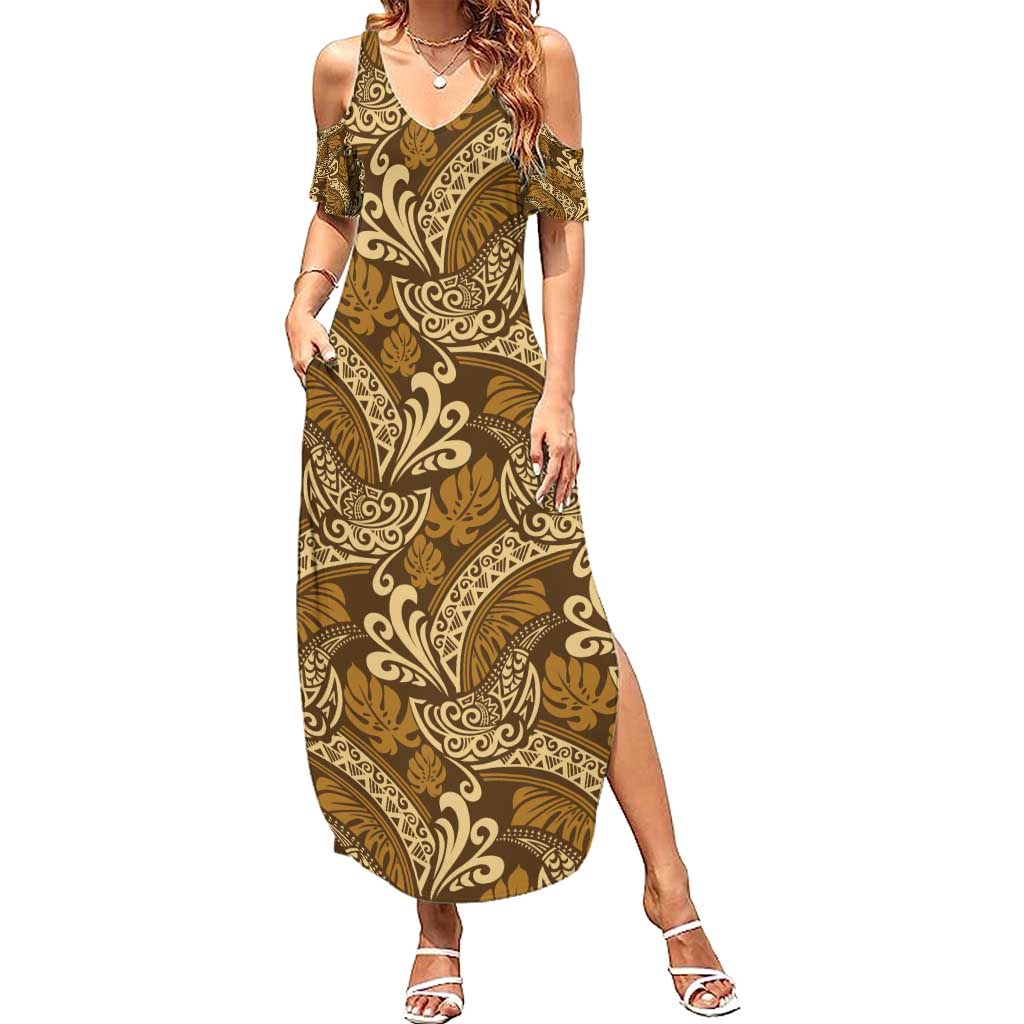 Brown Gold Monstera Family Matching Summer Maxi Dress and Hawaiian Shirt Polynesian Tribal Pattern - Polynesian Pride