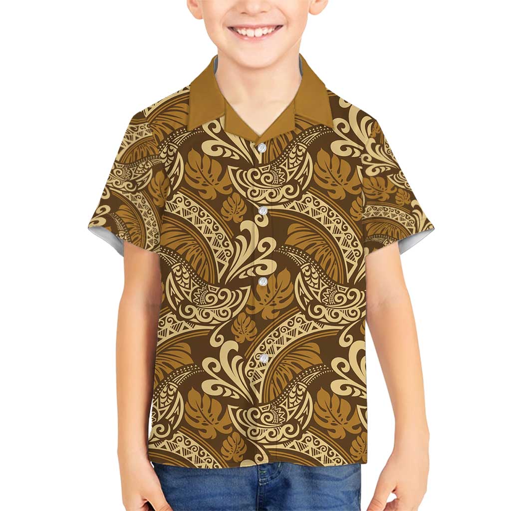 Brown Gold Monstera Family Matching Summer Maxi Dress and Hawaiian Shirt Polynesian Tribal Pattern - Polynesian Pride