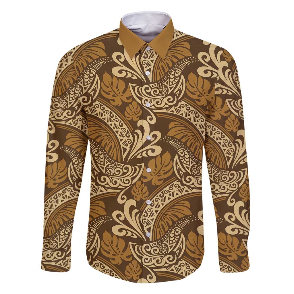 Brown Gold Monstera Family Matching Tank Maxi Dress and Hawaiian Shirt Polynesian Tribal Pattern - Polynesian Pride