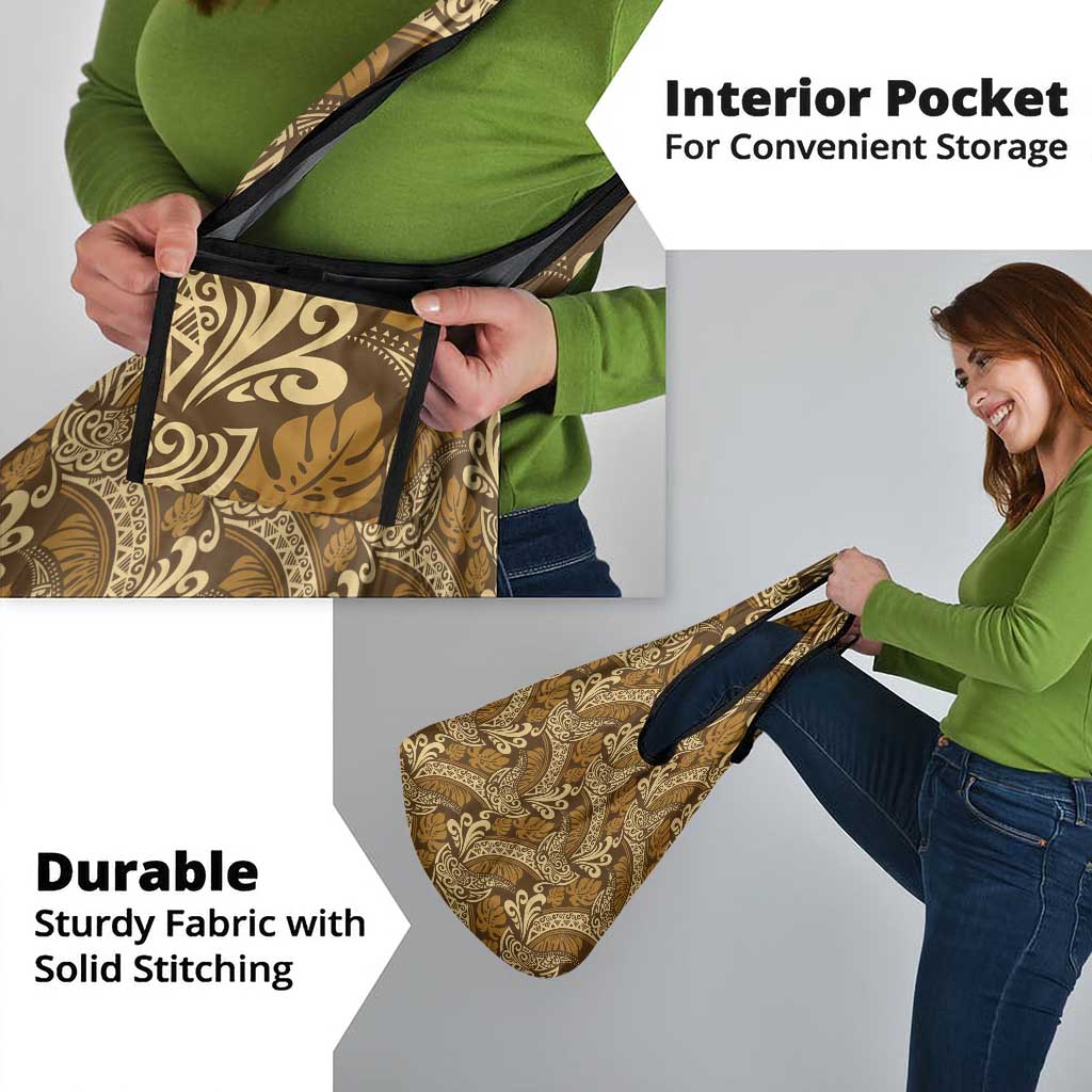 Brown Gold Monstera Grocery Bag Polynesian Tribal Pattern - Polynesian Pride