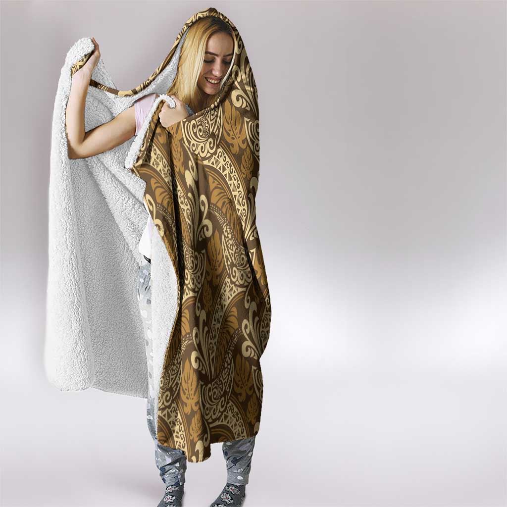 Brown Gold Monstera Hooded Blanket Polynesian Tribal Pattern - Polynesian Pride