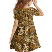 Brown Gold Monstera Kid Short Sleeve Dress Polynesian Tribal Pattern - Polynesian Pride