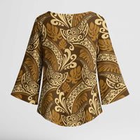 Brown Gold Monstera Kimono Sleeve Blouse Polynesian Tribal Pattern - Polynesian Pride
