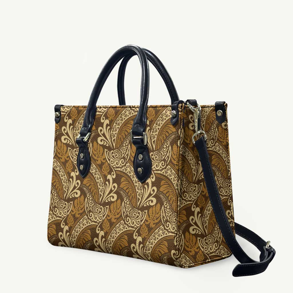 Brown Gold Monstera Leather Bag Polynesian Tribal Pattern - Polynesian Pride