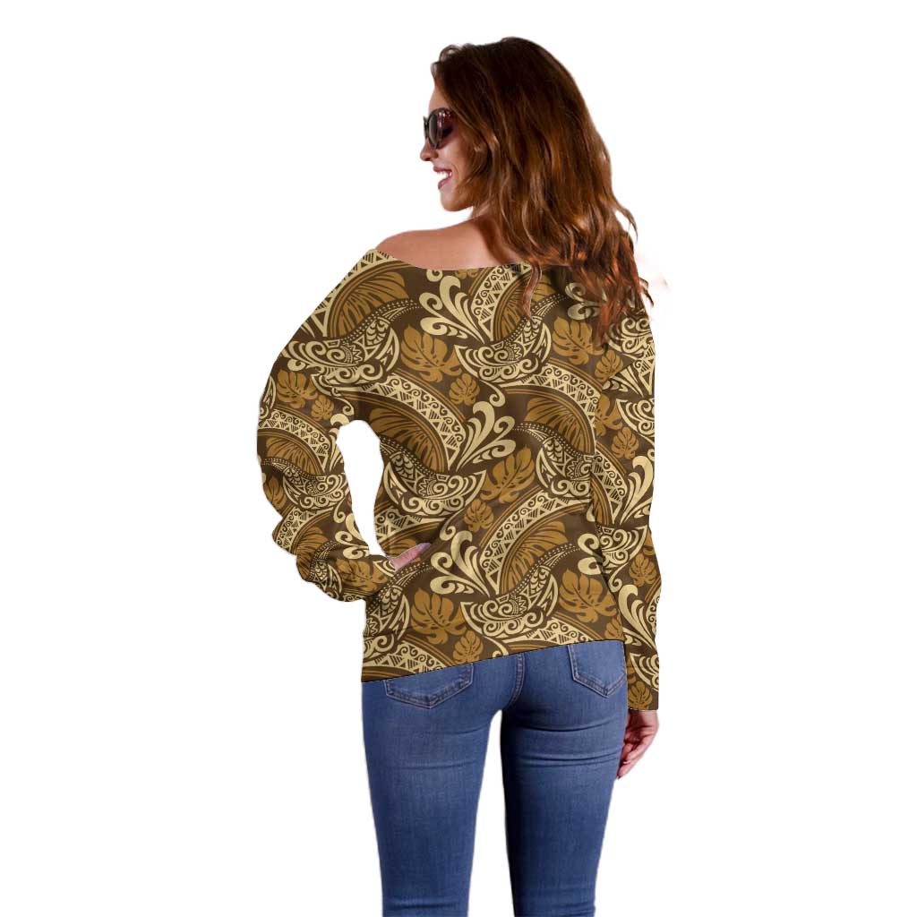 Brown Gold Monstera Off Shoulder Sweater Polynesian Tribal Pattern - Polynesian Pride