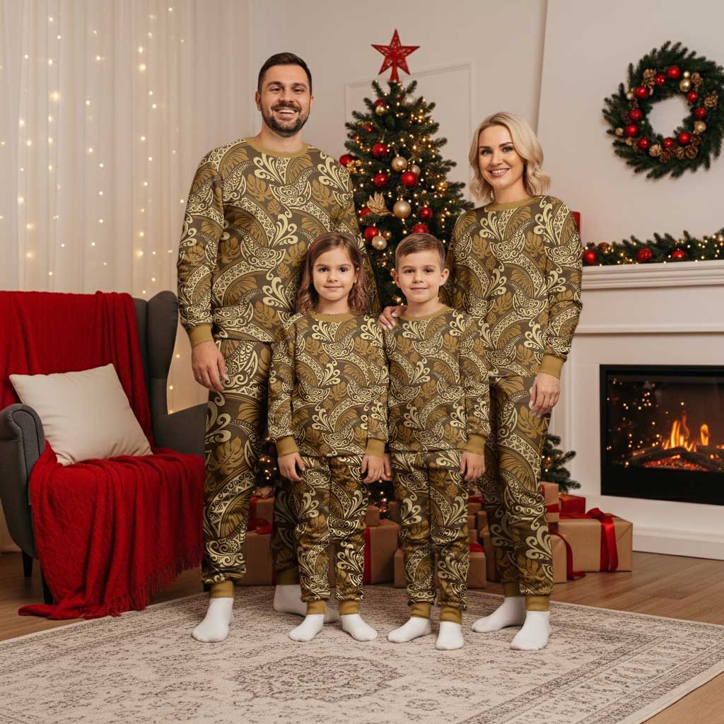 Brown Gold Monstera Christmas Pajama Set Polynesian Tribal Pattern - Polynesian Pride