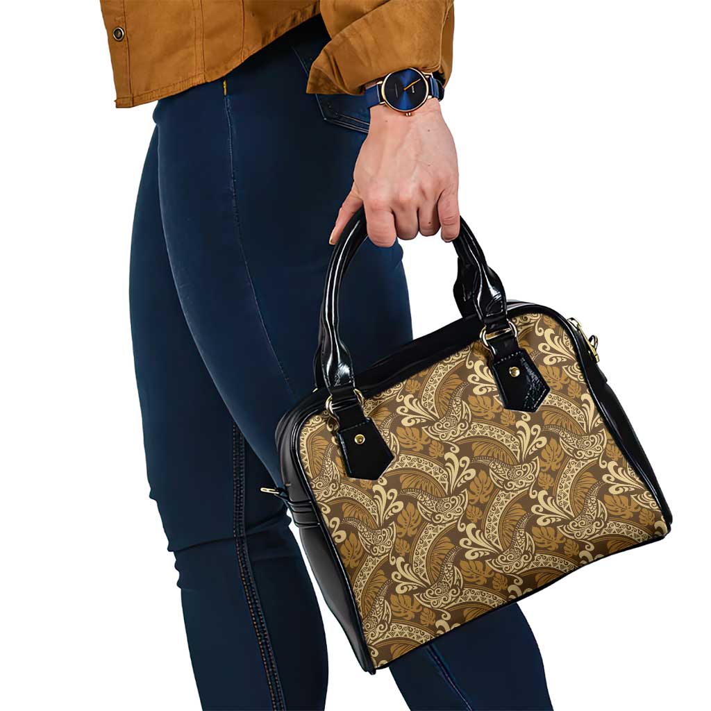 Brown Gold Monstera Shoulder Handbag Polynesian Tribal Pattern - Polynesian Pride