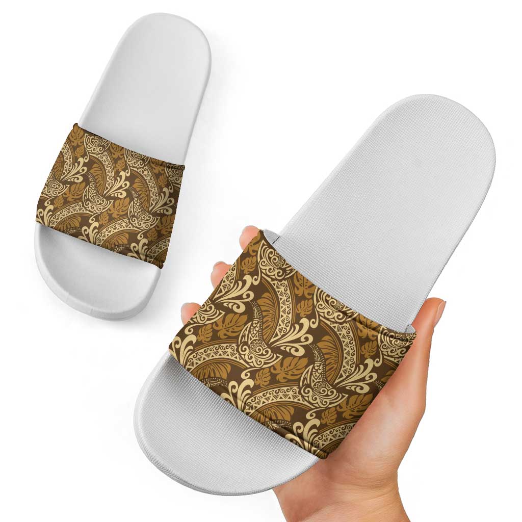 Brown Gold Monstera Slide Sandals Polynesian Tribal Pattern - Polynesian Pride