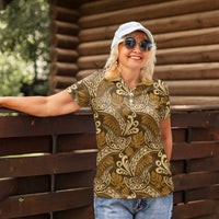 Brown Gold Monstera Women Polo Shirt Polynesian Tribal Pattern - Polynesian Pride