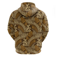 Brown Gold Monstera Zip Hoodie Polynesian Tribal Pattern - Polynesian Pride