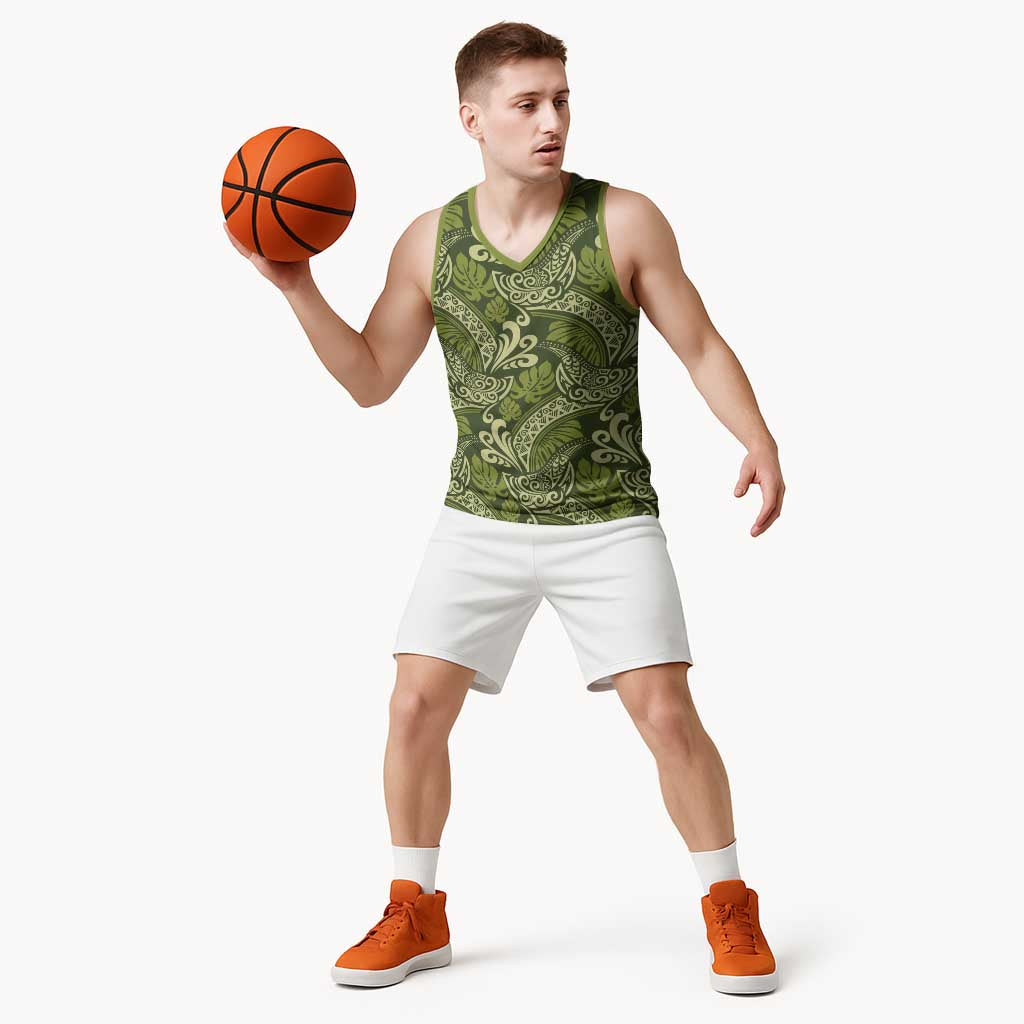 Olive Green Monstera Basketball Jersey Polynesian Tribal Pattern - Polynesian Pride