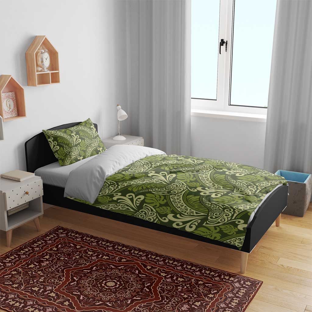 Olive Green Monstera Bedding Set Polynesian Tribal Pattern - Polynesian Pride