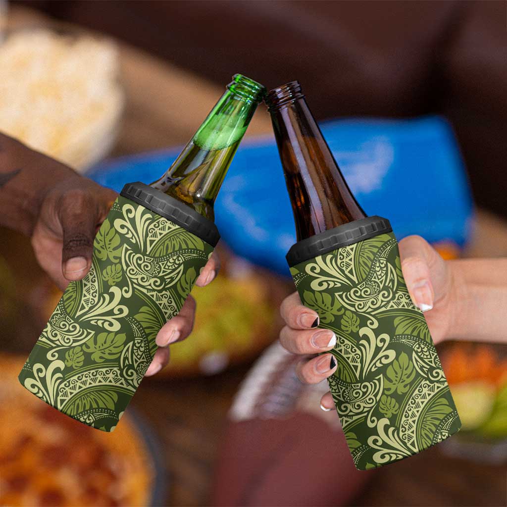 Olive Green Monstera 4 in 1 Can Cooler Tumbler Polynesian Tribal Pattern - Polynesian Pride