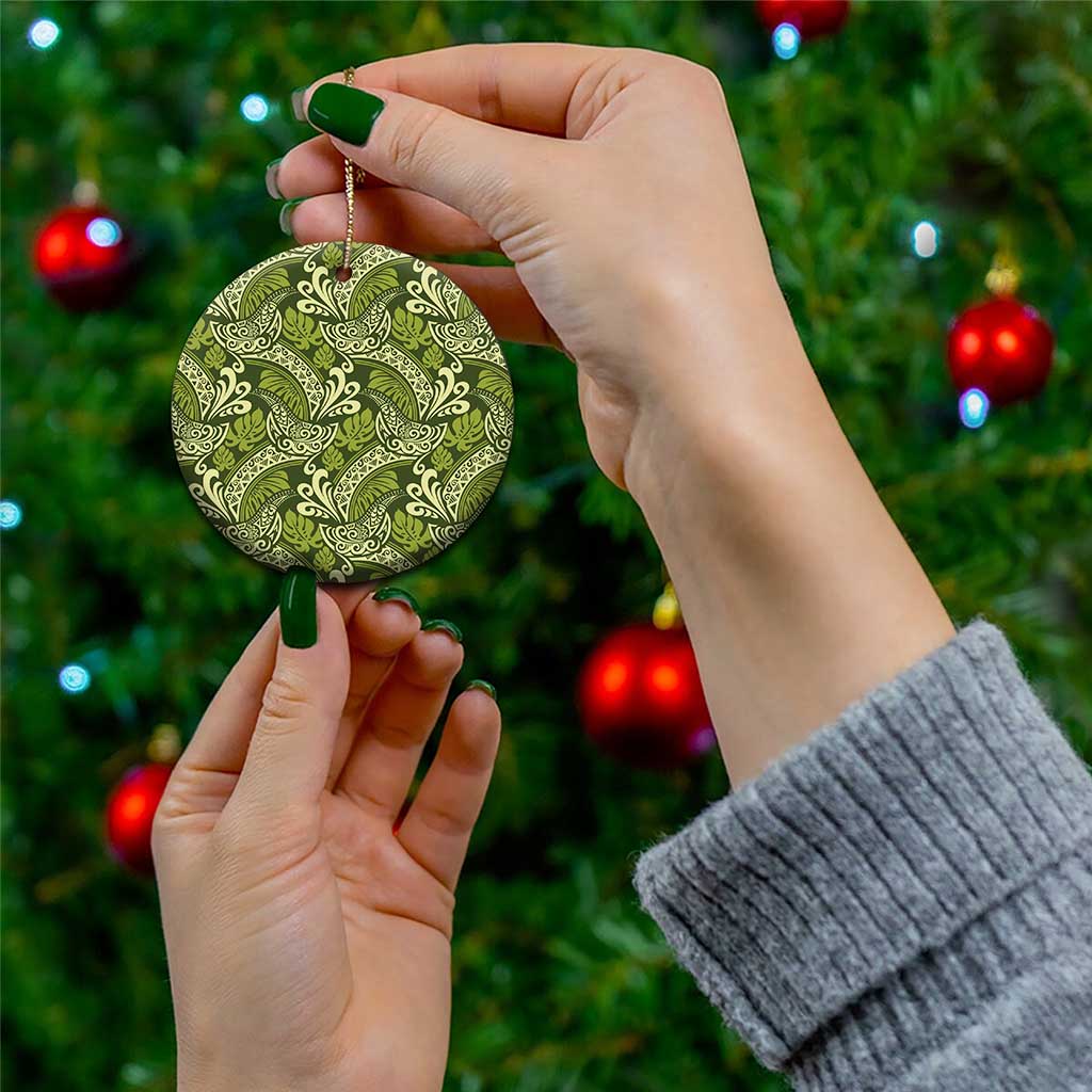 Olive Green Monstera Ceramic Ornament Polynesian Tribal Pattern - Polynesian Pride