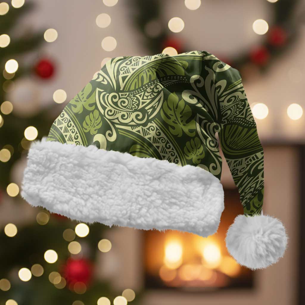 Olive Green Monstera Christmas Santa Hat Polynesian Tribal Pattern - Polynesian Pride