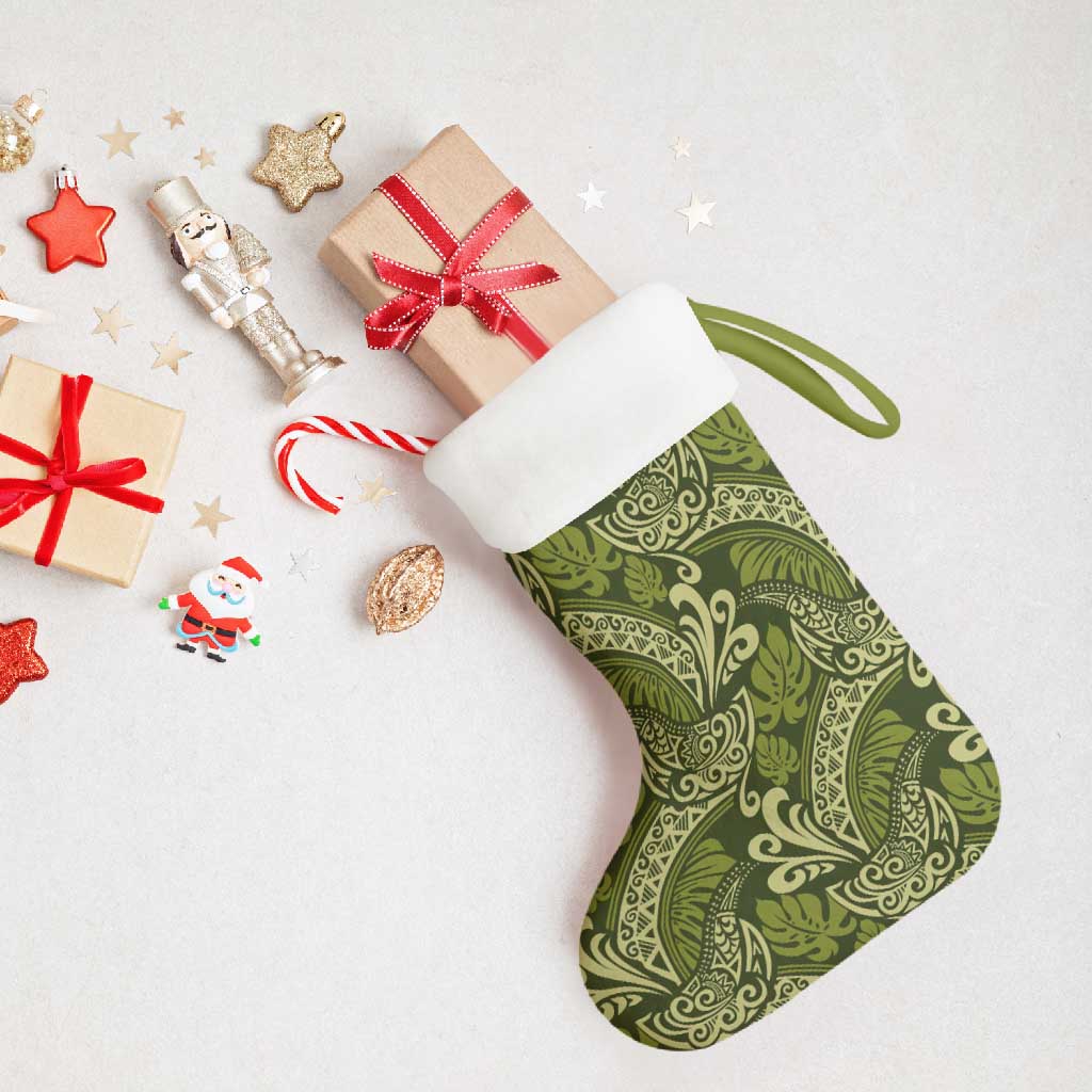 Olive Green Monstera Christmas Stocking Polynesian Tribal Pattern - Polynesian Pride