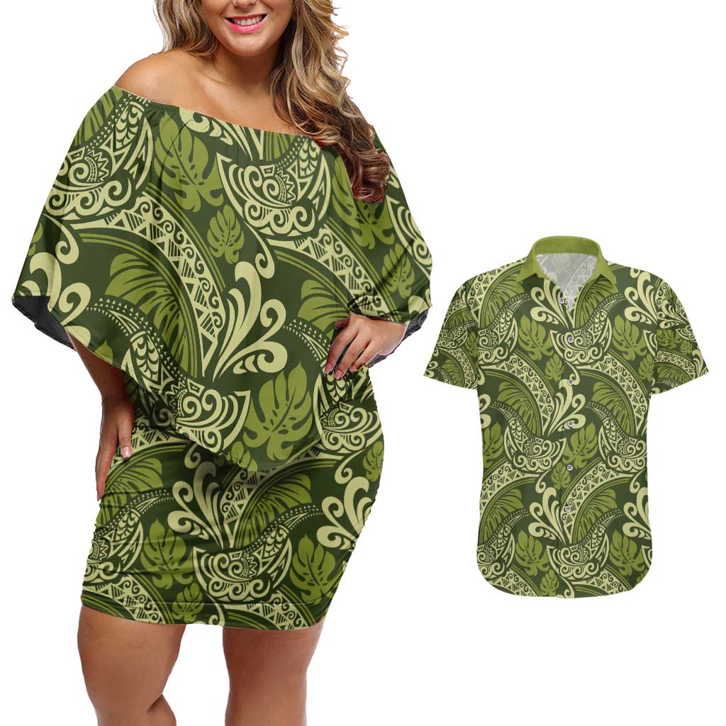 Olive Green Monstera Couples Matching Off Shoulder Short Dress and Hawaiian Shirt Polynesian Tribal Pattern LT01 Green - Polynesian Pride