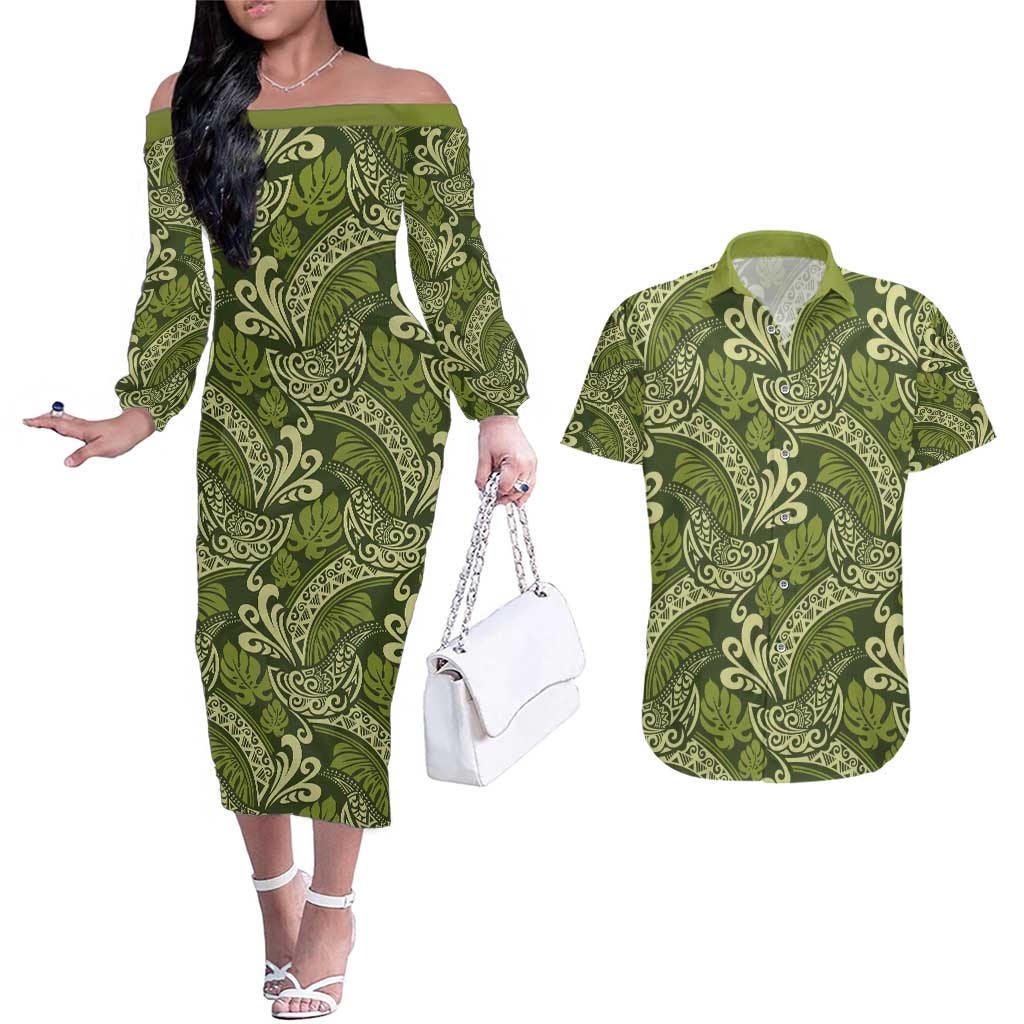 Olive Green Monstera Couples Matching Off The Shoulder Long Sleeve Dress and Hawaiian Shirt Polynesian Tribal Pattern LT01 Green - Polynesian Pride