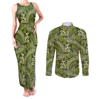 Olive Green Monstera Couples Matching Tank Maxi Dress and Long Sleeve Button Shirt Polynesian Tribal Pattern - Polynesian Pride