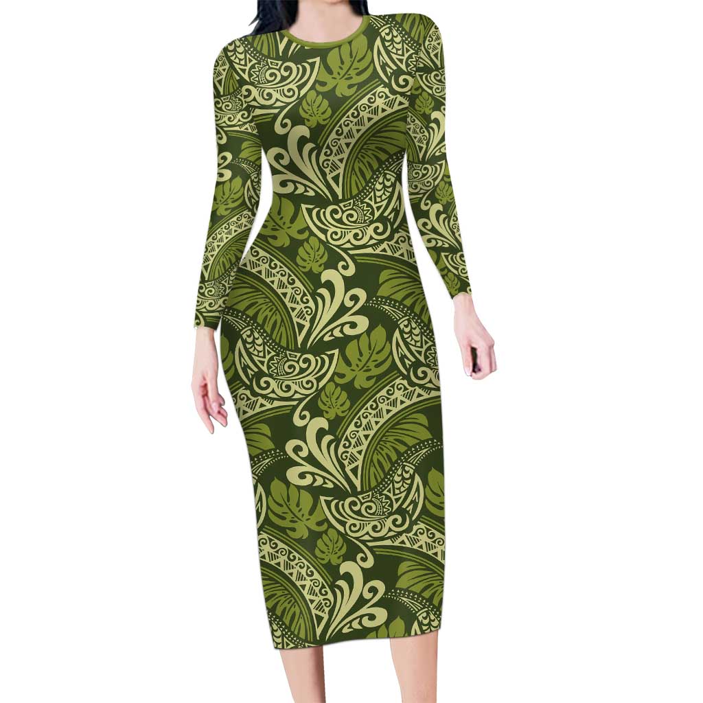 Olive Green Monstera Family Matching Long Sleeve Bodycon Dress and Hawaiian Shirt Polynesian Tribal Pattern - Polynesian Pride