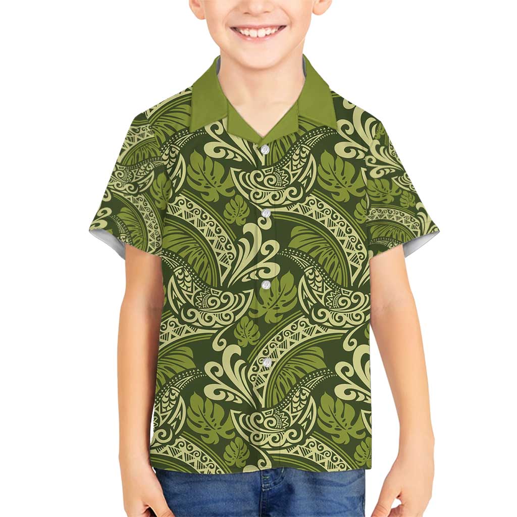 Olive Green Monstera Family Matching Long Sleeve Bodycon Dress and Hawaiian Shirt Polynesian Tribal Pattern - Polynesian Pride