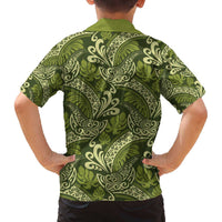 Olive Green Monstera Family Matching Off The Shoulder Long Sleeve Dress and Hawaiian Shirt Polynesian Tribal Pattern - Polynesian Pride