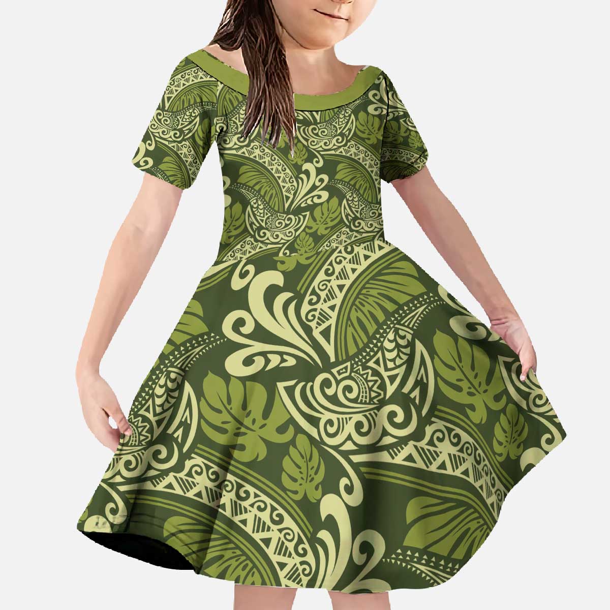 Olive Green Monstera Family Matching Off The Shoulder Long Sleeve Dress and Hawaiian Shirt Polynesian Tribal Pattern - Polynesian Pride