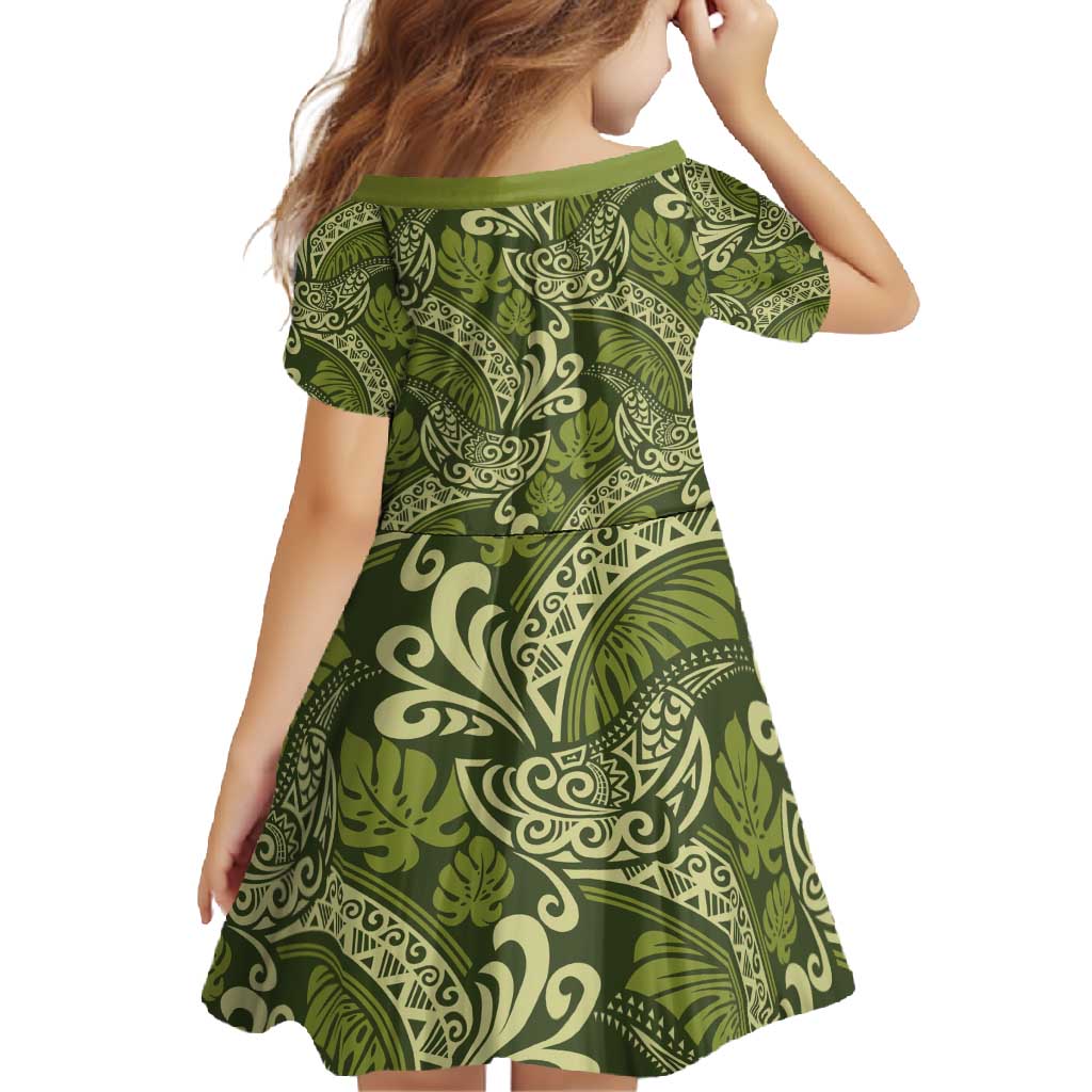 Olive Green Monstera Family Matching Off Shoulder Maxi Dress and Hawaiian Shirt Polynesian Tribal Pattern - Polynesian Pride