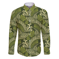 Olive Green Monstera Family Matching Off Shoulder Maxi Dress and Hawaiian Shirt Polynesian Tribal Pattern - Polynesian Pride