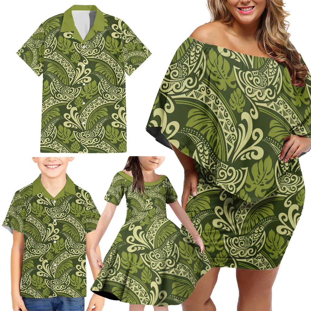 Olive Green Monstera Family Matching Off Shoulder Short Dress and Hawaiian Shirt Polynesian Tribal Pattern LT01 - Polynesian Pride