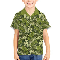Olive Green Monstera Family Matching Off Shoulder Short Dress and Hawaiian Shirt Polynesian Tribal Pattern - Polynesian Pride