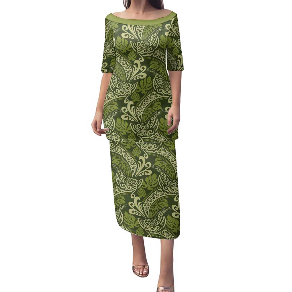Olive Green Monstera Family Matching Puletasi and Hawaiian Shirt Polynesian Tribal Pattern - Polynesian Pride