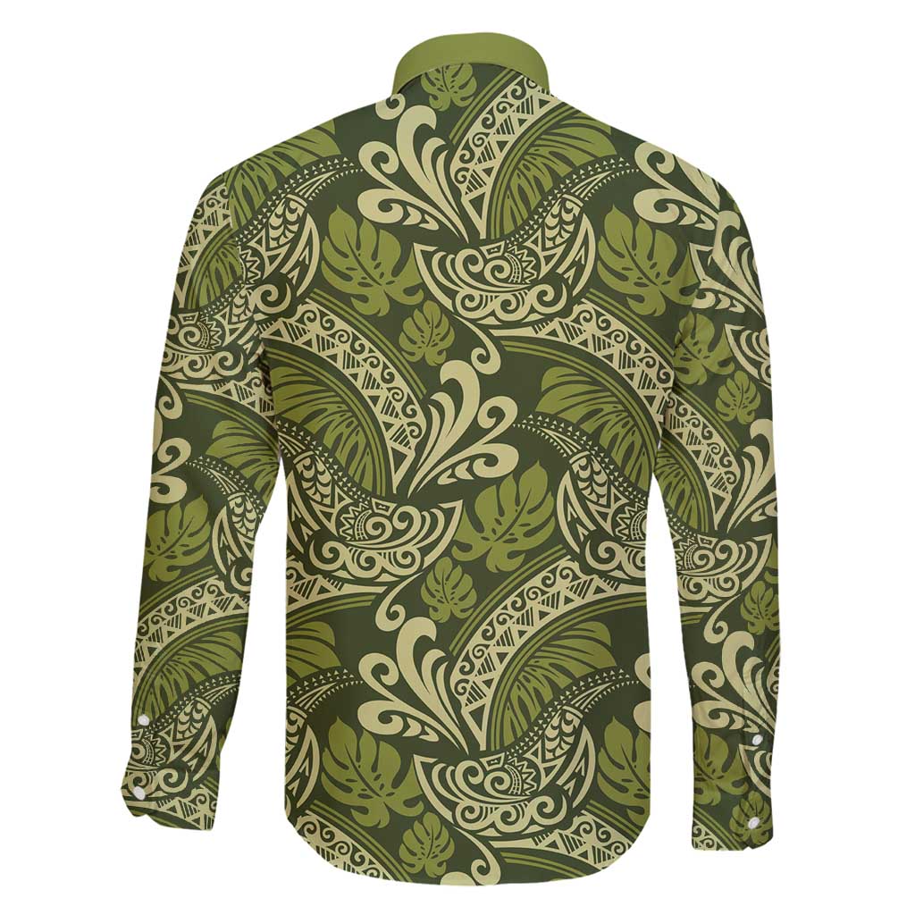 Olive Green Monstera Family Matching Summer Maxi Dress and Hawaiian Shirt Polynesian Tribal Pattern - Polynesian Pride