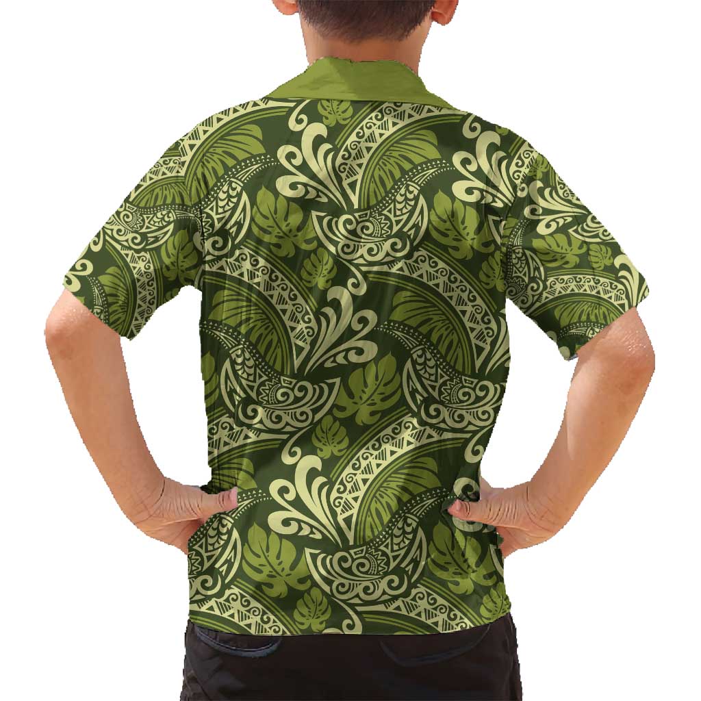 Olive Green Monstera Family Matching Tank Maxi Dress and Hawaiian Shirt Polynesian Tribal Pattern - Polynesian Pride