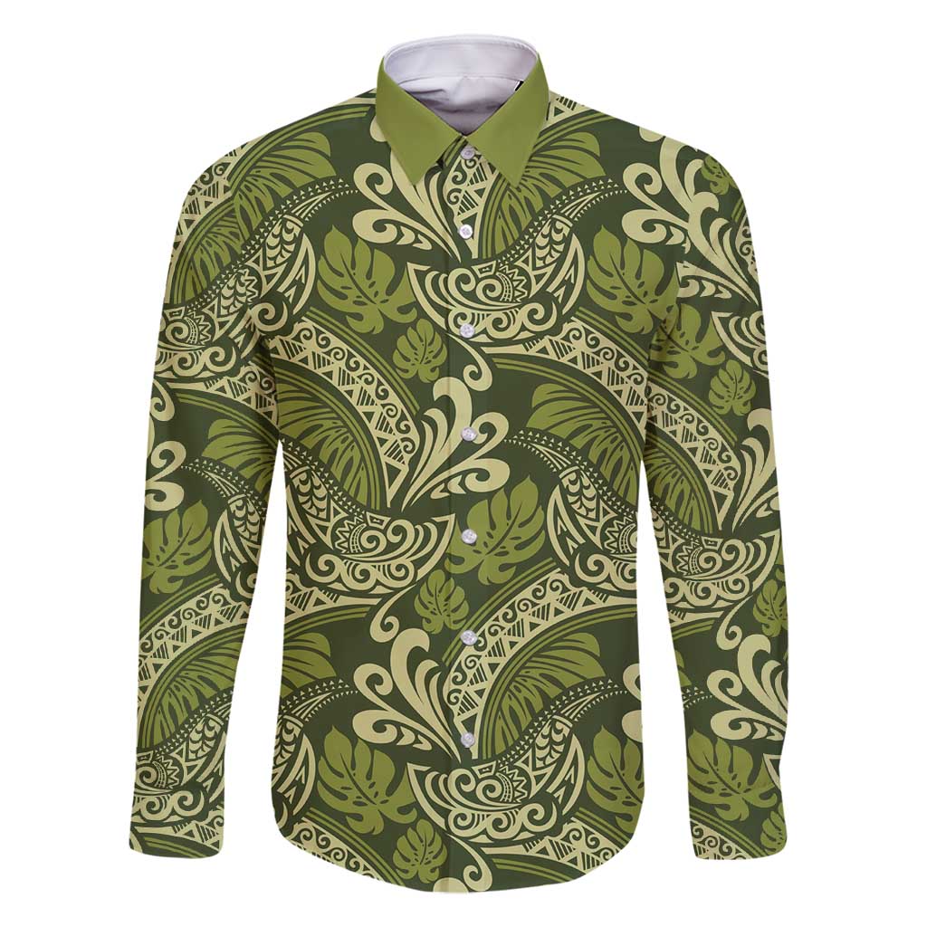 Olive Green Monstera Family Matching Tank Maxi Dress and Hawaiian Shirt Polynesian Tribal Pattern - Polynesian Pride
